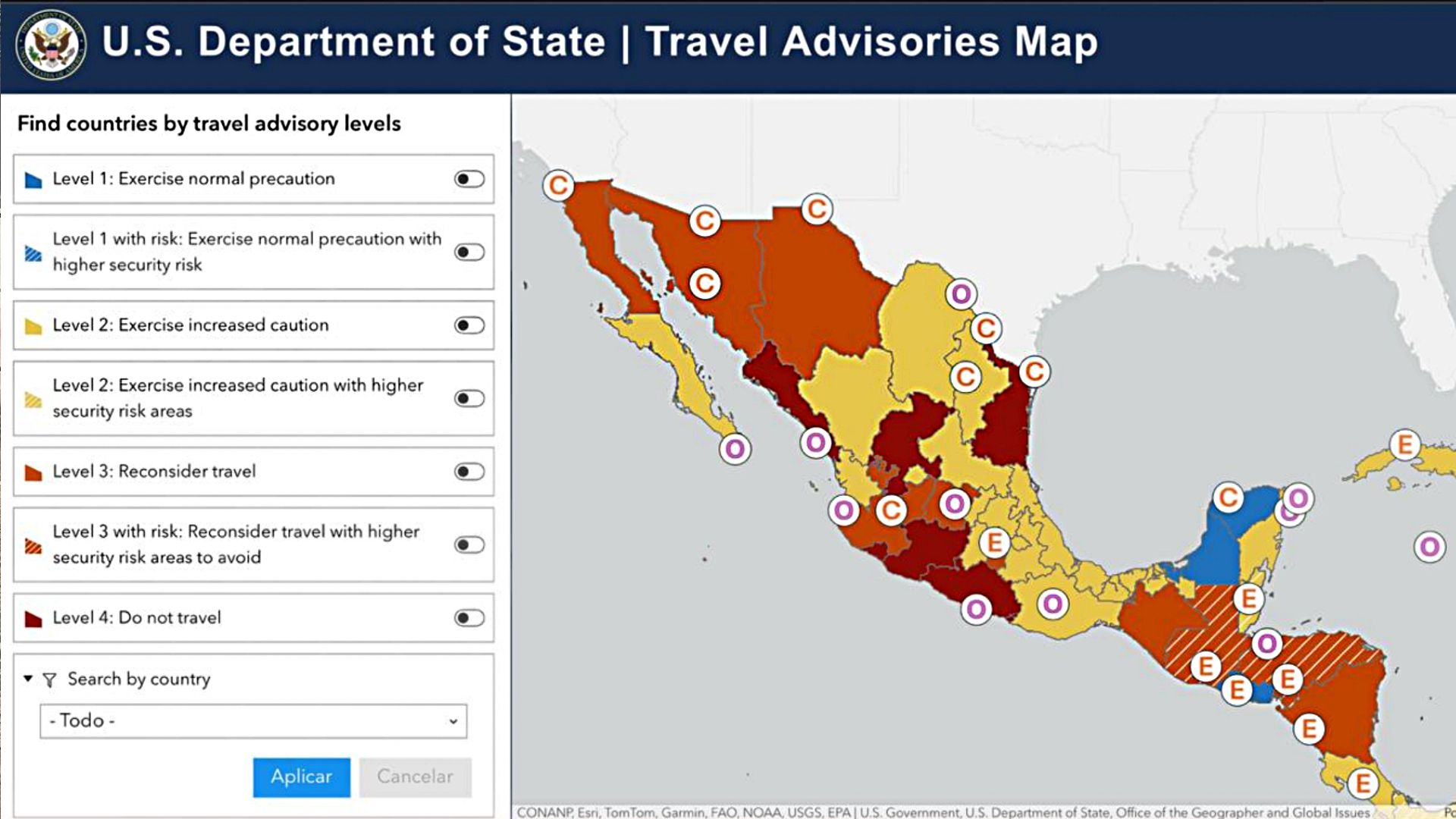Riesgos de seguridad según la región. Foto: Embajada de Estados Unidos